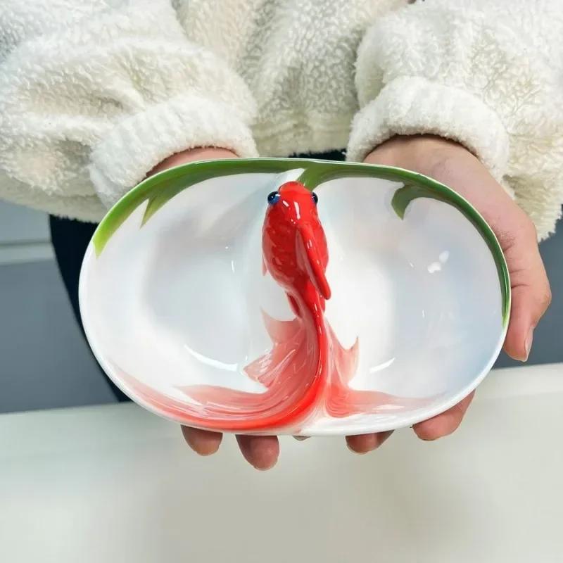 Koi Ceramic Dividing Bowl Underglaze Colored Goldfish Double Grid Plate Snack Dried Fruit Platter Household Side Dishes Bowl