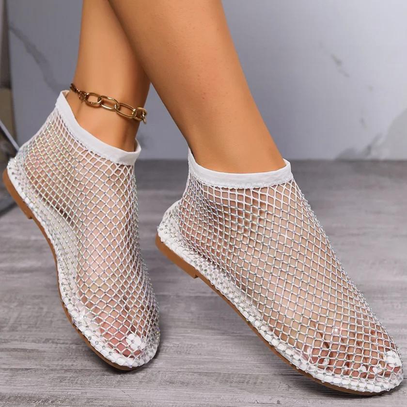 Fashion 2025 Summer Women's New Round Toe Flat Bottom Sandals Hollow Short Boots Water Diamond Sexy Flat Bottom Fashion Banquet Slippers