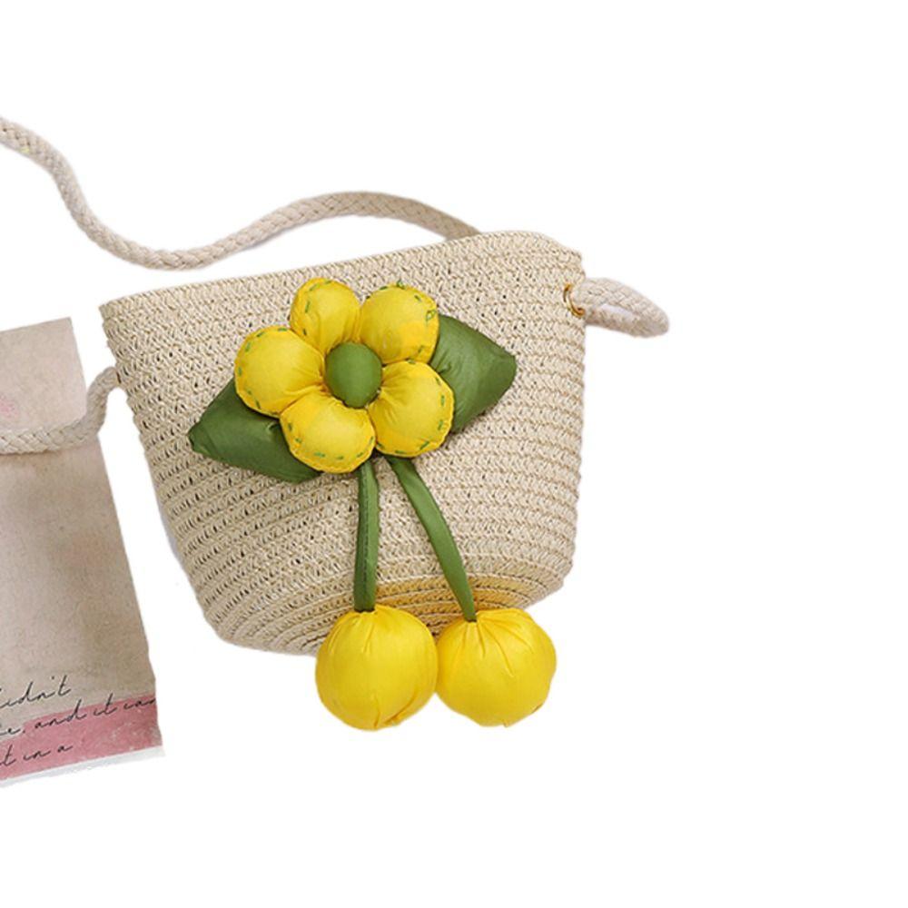 Girl Handmade Woven Straw Bag Summer Coin Purse Flower Storage Basket Zipper Photo Props Crossbody Handbag