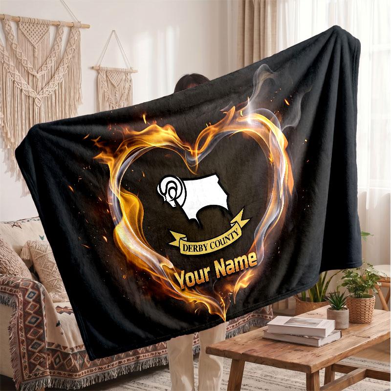 Derby County Personalized Fleece Blanket With Football Logo, Custom Name Text Soft Warm Home Throw Blanket