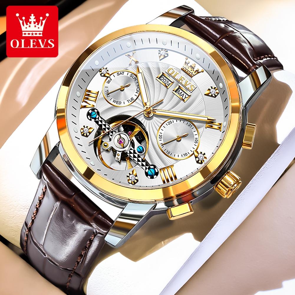 OLEVS Men's Watches Luxury Fashion Fine Steel Original Automatic Mechanical Watch for Man Flywheel Movement Calendar Waterproof