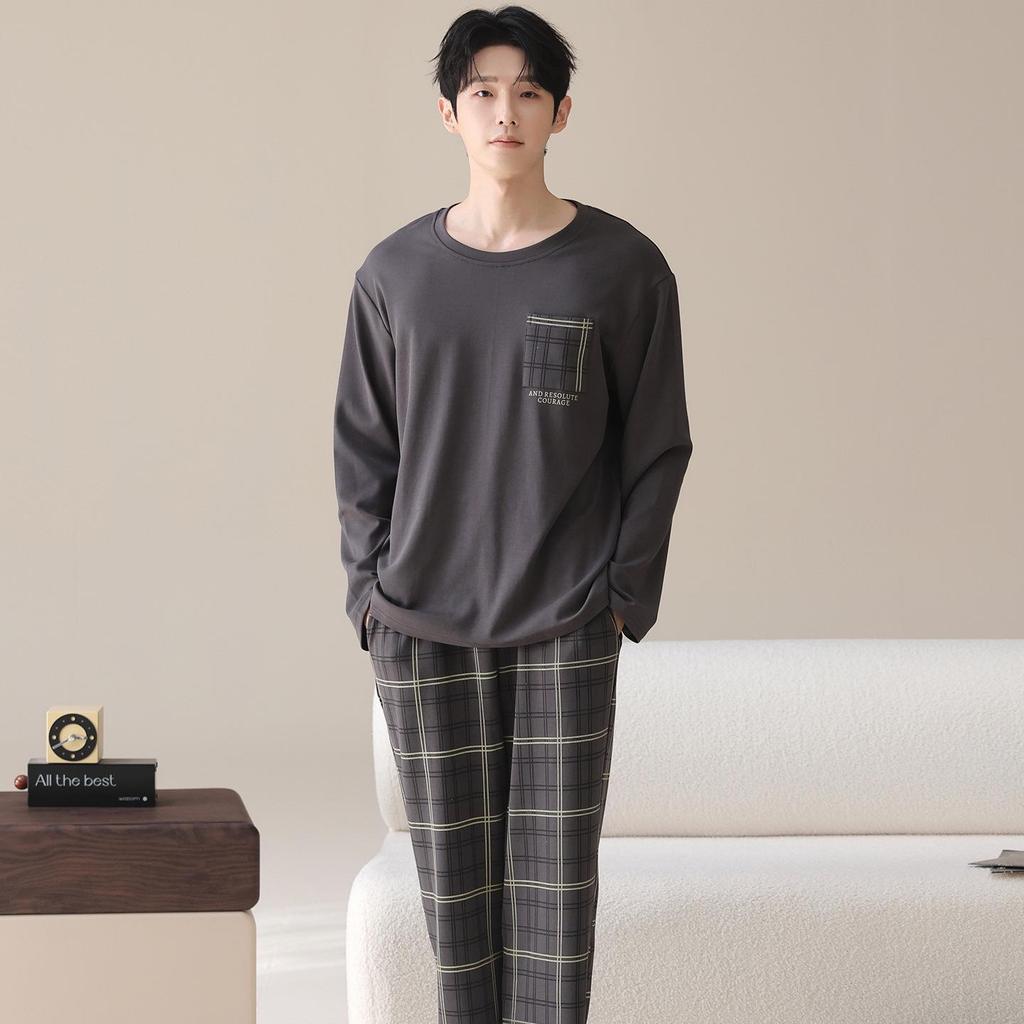 Men's 100% Cotton Long Sleeve & Pants Pajama Set - Korean Style Casual Homewear for Indoor/Outdoor Use