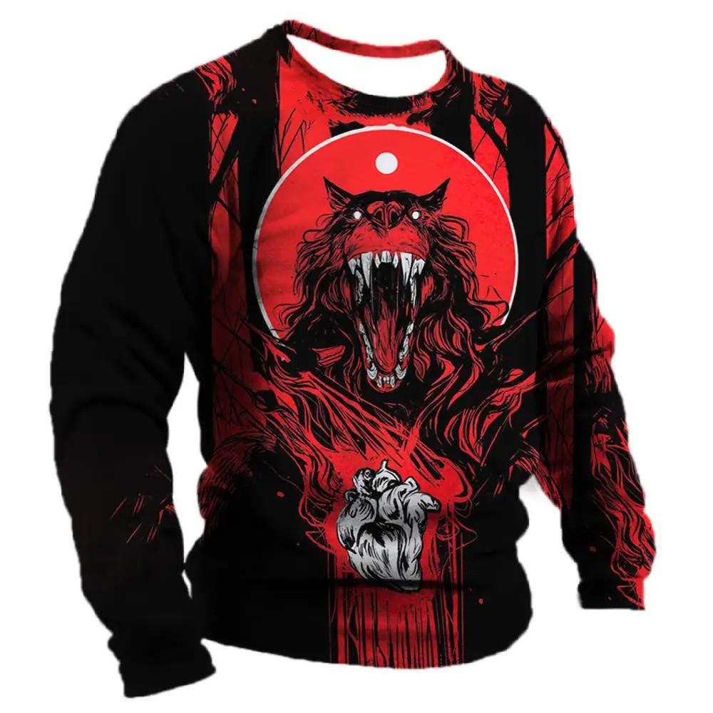 Men's Spring And Autumn Personality Retro Animal Wolf 3d Printed Round Neck Long Sleeve T-Shirt Casual Loose Breathable Jumper