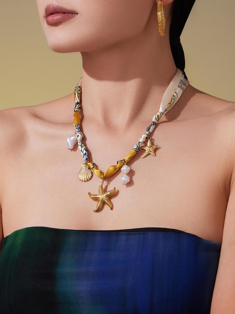 Qiong Yao Multi-Pendant Pearl Silk Scarf Necklace with Stainless Steel Clavicle Chain
