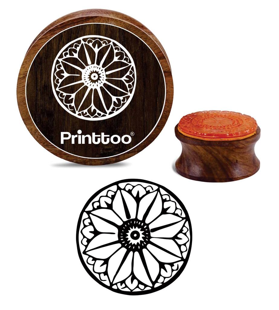 Printtoo Floral Design Textile Card Round Wooden Rubber Stamp Brown Block Print-2