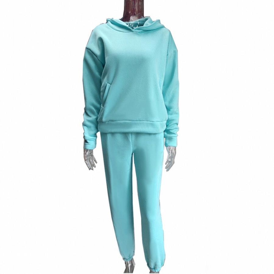 

Spring Women s Casual Fashion Long Pants with Fleece Hoodie Set XL ціан