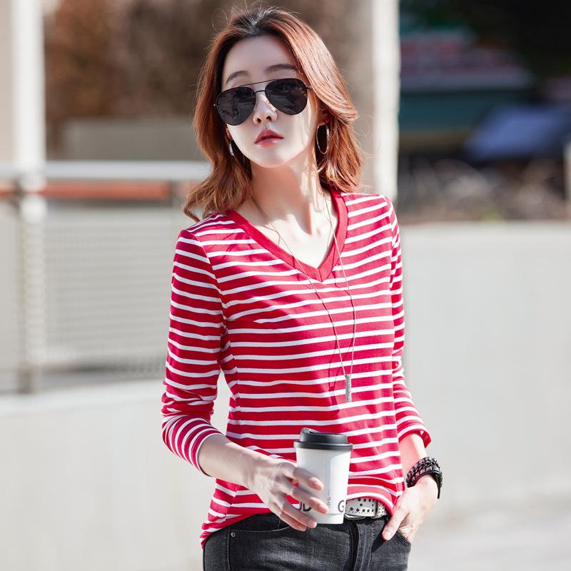 2025 Korejský styl Pruhovaný V-výstřih Dlouhý rukáv Dámský volný top na jaro a podzim