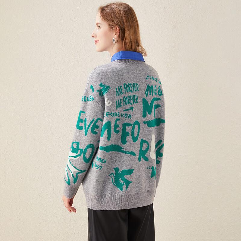 TUHUANG Women's Thickened Pure Wool Letter Jacquard Round Neck Sweater