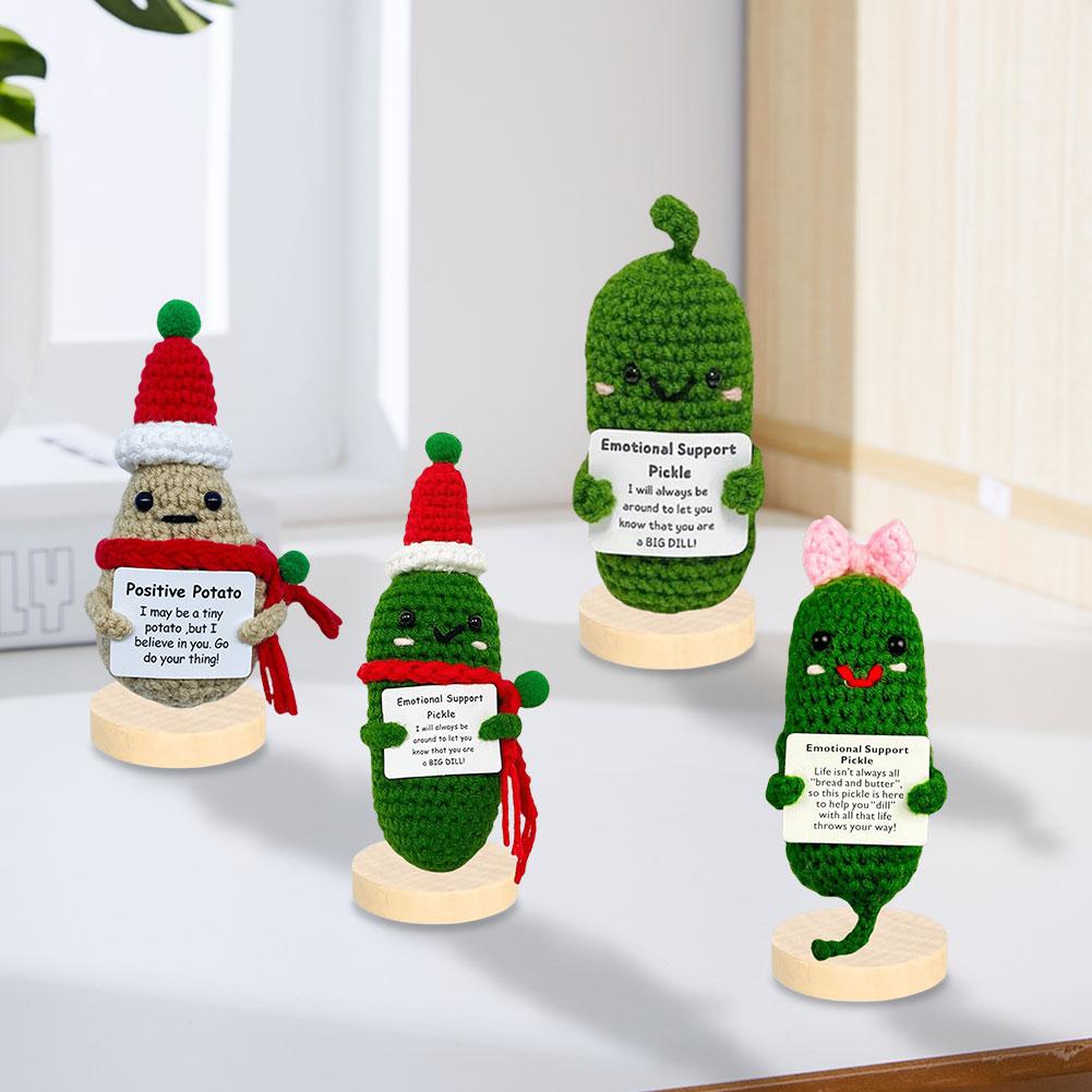 Cute Crochet Christmas Pickle Doll with Positive Message Card Emotional Support Plush Gift for All Ages