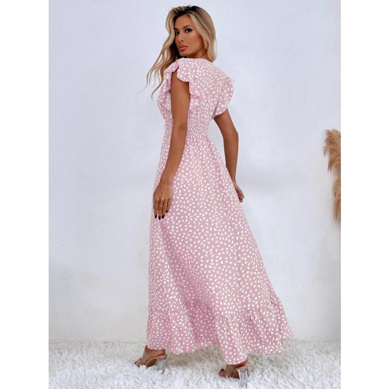 Fashion Short Sleeve Polka Dot Printed Summer Dress V-neck Ruffle Edge Elegant Casual Party Long Dress Women Loose Simple Slim Fit Women's Clothing