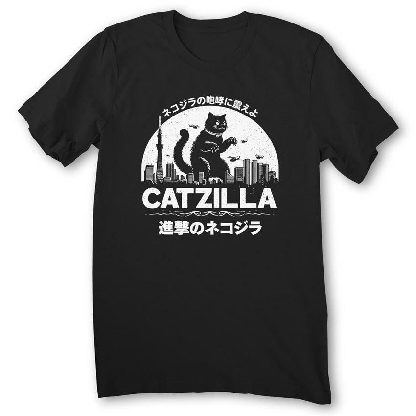Japanese Catzilla Shirt Cat Retro Japanese Funny Cat Tees Cat Lover Men T Shirts Cotton Tops S чёрный