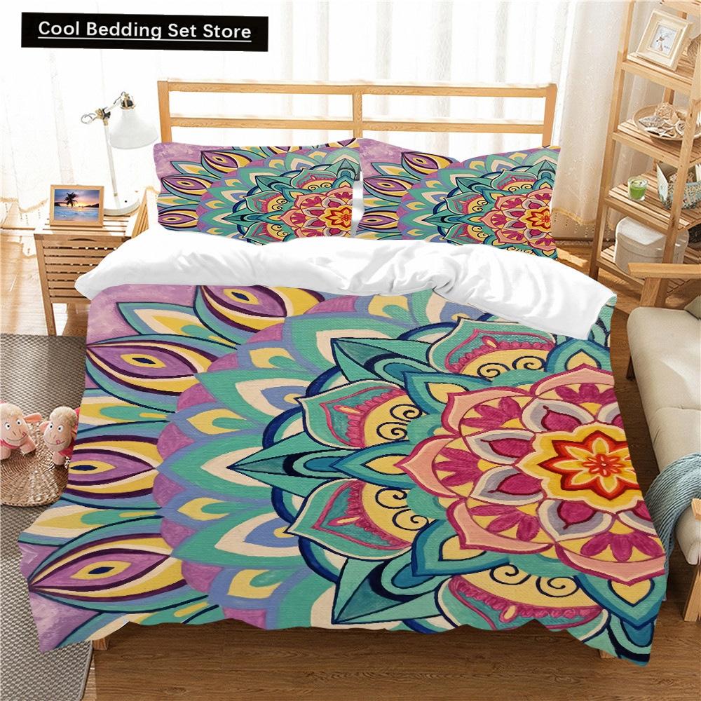 Bohemian Lotus King Queen Duvet Cover Boho Mandala Bedding Set For Kids Teens Adults Exotic Flowers 2/3Pcs Polyester Quilt Cover