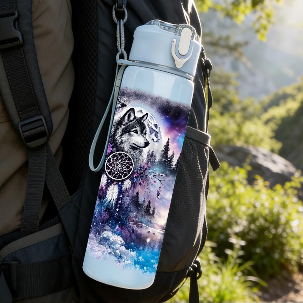 1PC Dark Wolf Psychedelic Color Art Print 750ml Color Plastic Sports Water Bottle Leakproof Flip Straw Lid Suitable for Sports Office Home Use