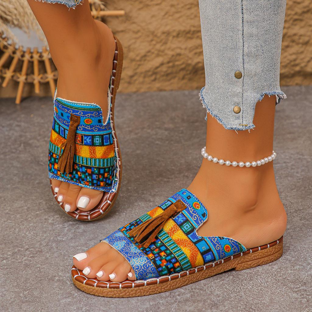 Damen Hausschuhe Mode Fransen Outdoor Flache Schuhe Damen 2025 Neu Lässig Strandurlaub Hausschuhe Zehensandalen Pantoletten Damen