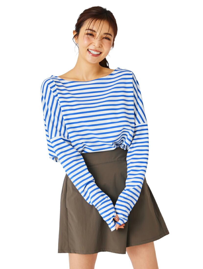 

ever closet Women s Rash Guard T-Shirt, UV Protection, Summer, Long Sleeve, Amphibious, Quick-Drying, Figure-Contoured, Size F, White/Blue