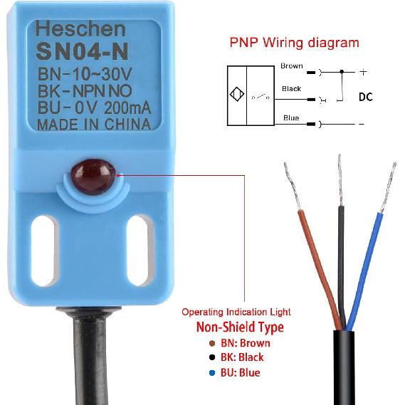 Heschen Square Inductive Proximity Sensor Switch Non-Shield Type SN04-N Detector Distance 5mm 10-30VDC 200mA NPN Normally Open(NO) 3 Wire