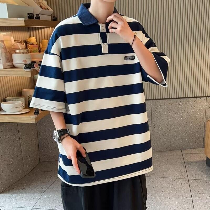 

Мужская рубашка-поло в японском полосатом стиле 2024 года в гонконгском стиле: Футболка с короткими рукавами и лацканами в стиле ретро-американец L синий