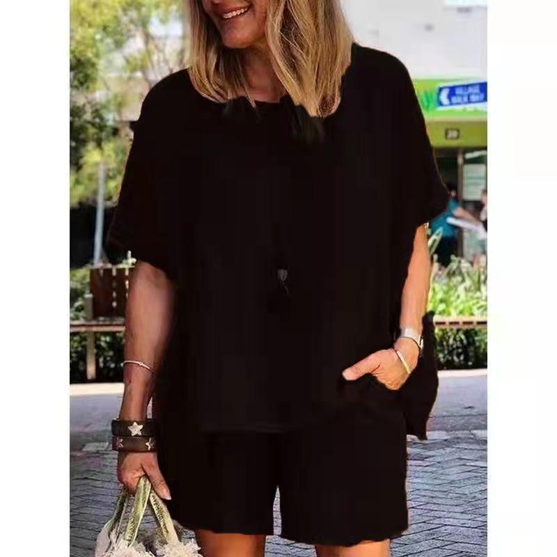 2022 Spring/Summer Fashion: Cotton Linen Two-Piece Set – Loose Short-Sleeved Top and Shorts.
