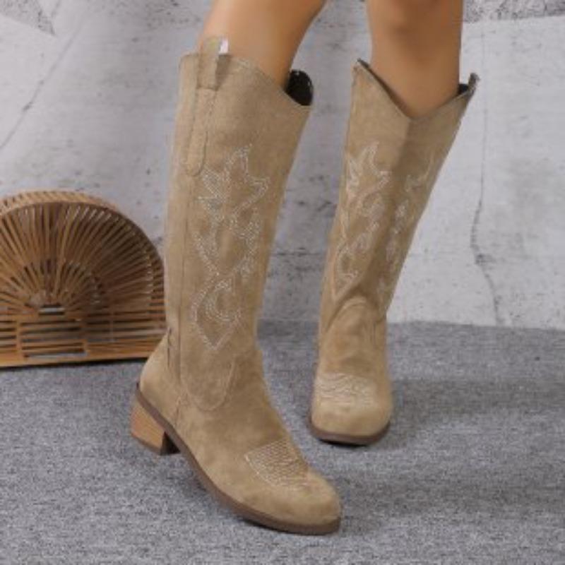 Women's Retro Embroidered V-Cut Martin Boots, Brown Chunky Heel Mid-Calf Cowboy Boots, Western Style Fall Winter Shoes