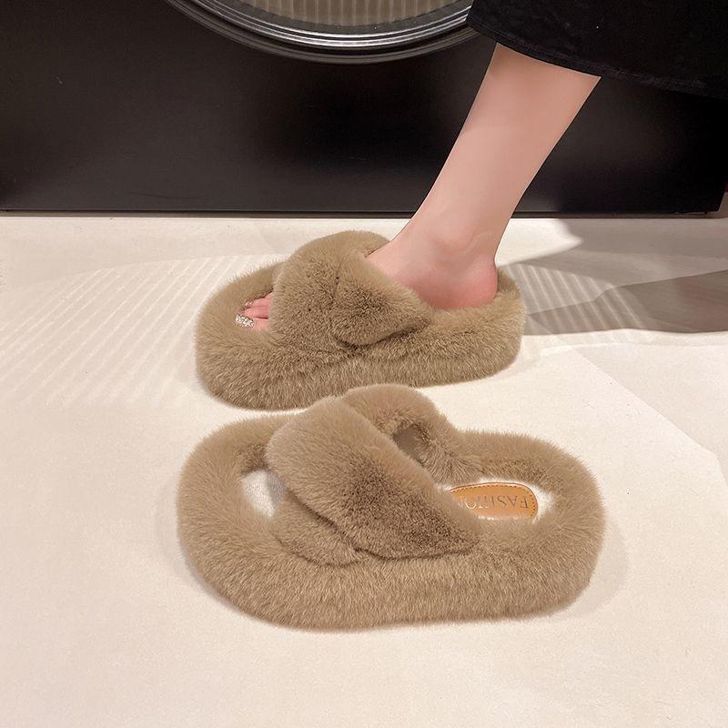New Autumn and Winter Fashion Versatile Home One-word Cotton Slippers Thick Bottom Heightening Fluffy Slippers Women's Wear