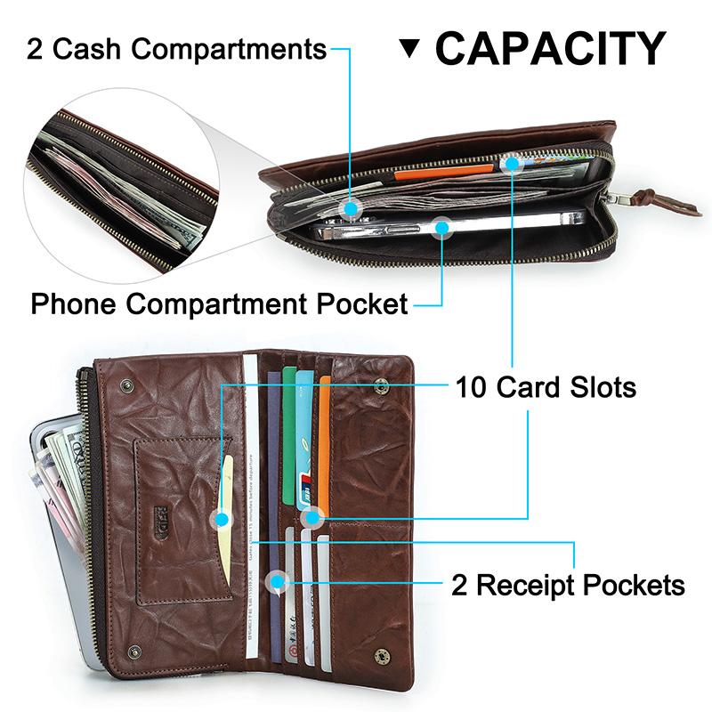 CONTACT'S Leather Wallet Men Retro Casual Natural Card Holder Coin Purse Male Travel Business Gift Long Wallet