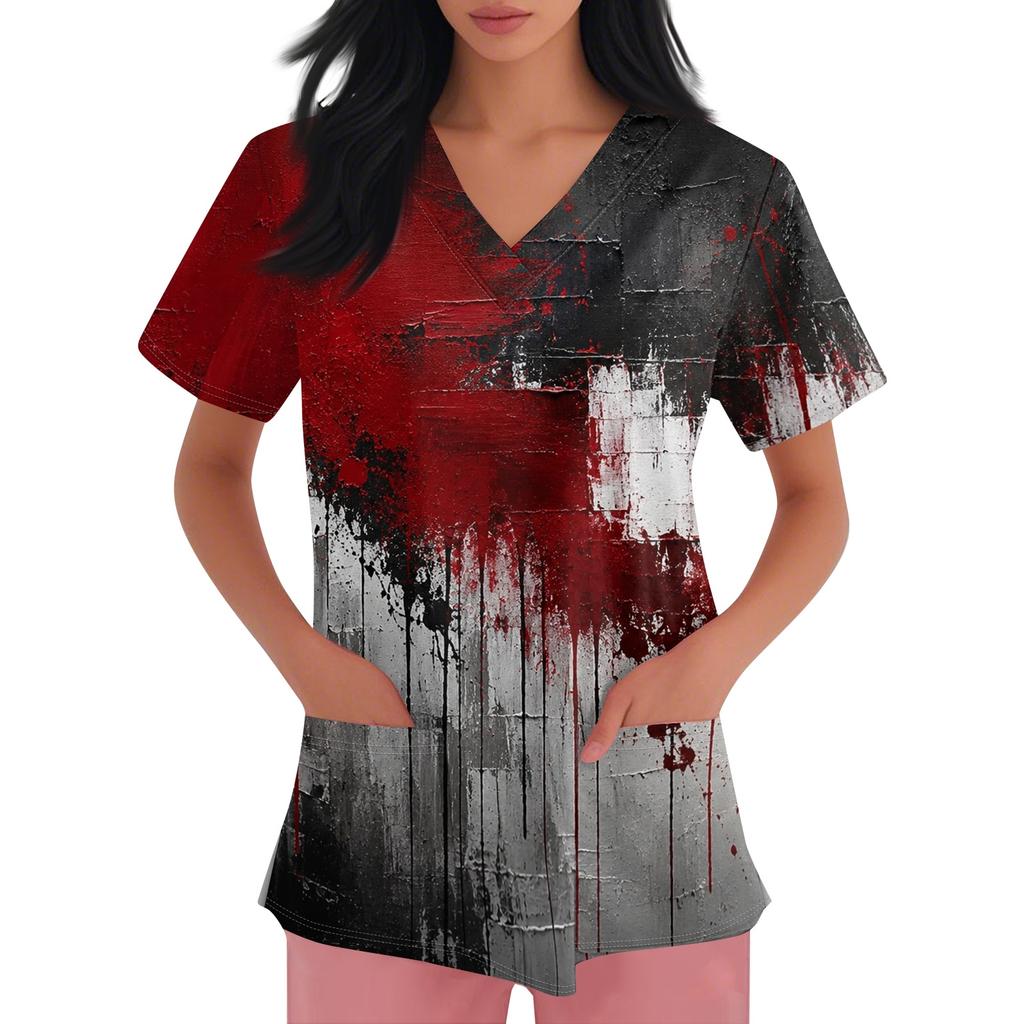 Womens Halloween Print V Neck Scrub Top Short Sleeve Medical Uniform Shirt with Pocket Comfortable Fit Lightweight Fabric