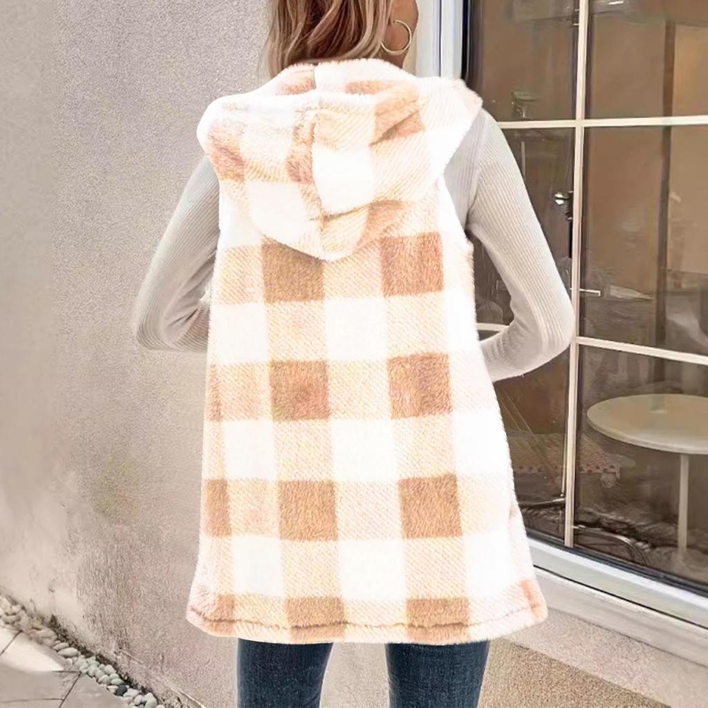Kostkovaná fleecová vesta pro ženy s kapucí podzim zima chlupatá termální hřejivá bez rukávů bunda trendy svrchní oděv