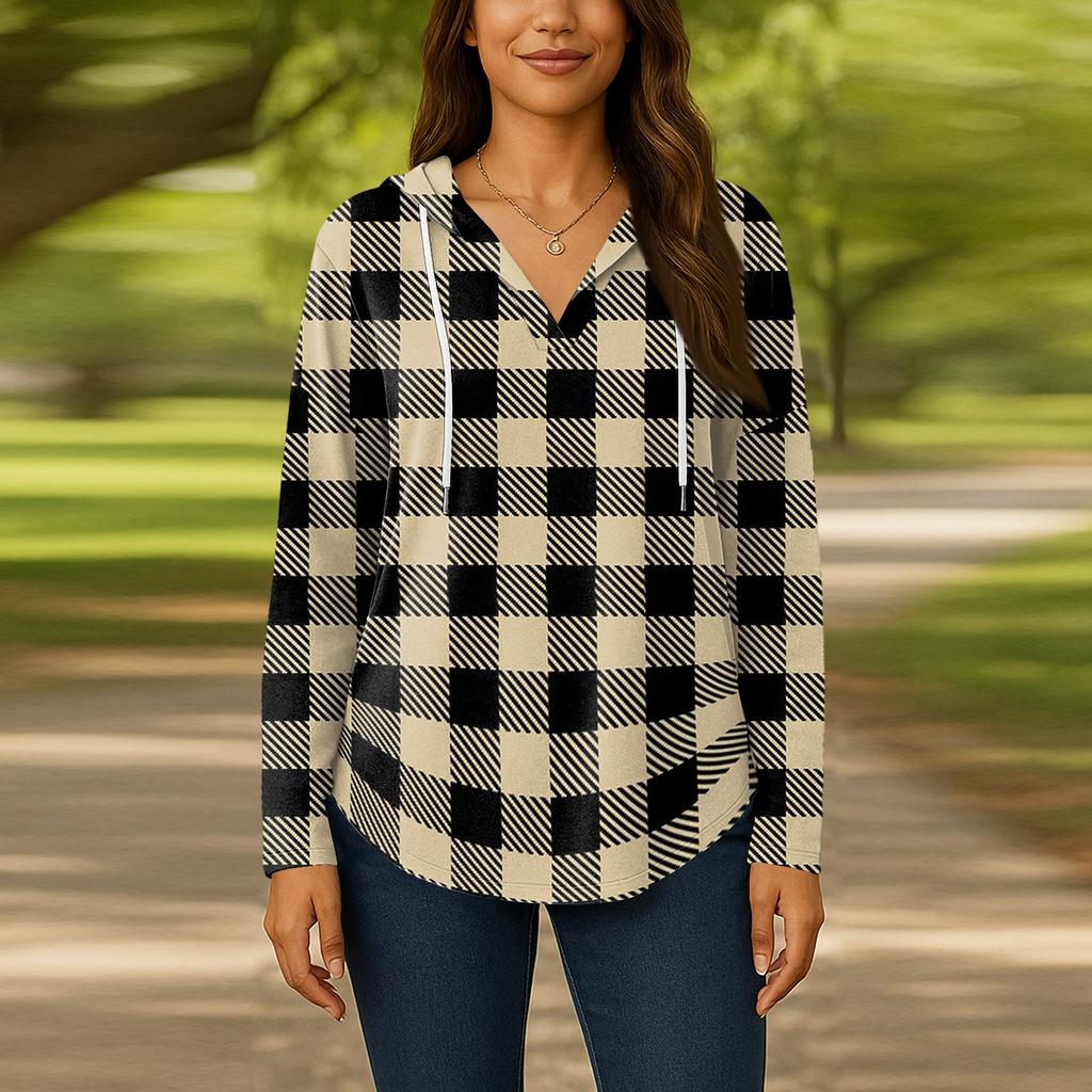 Damenmode Kapuzenpullover V-Ausschnitt Langarm Geblümter Kordelzug Lässig Locker Pullover Tops