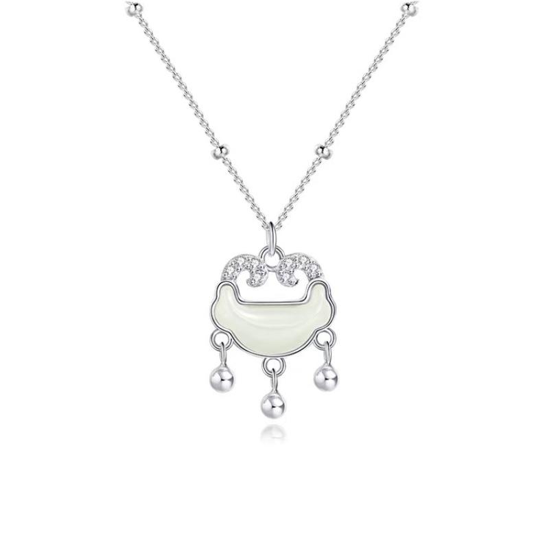 

925 Sterling Silver Hetian Jade Peace Lock Pendant Necklace for Women , New Chinese Ancient Style 925 золотий