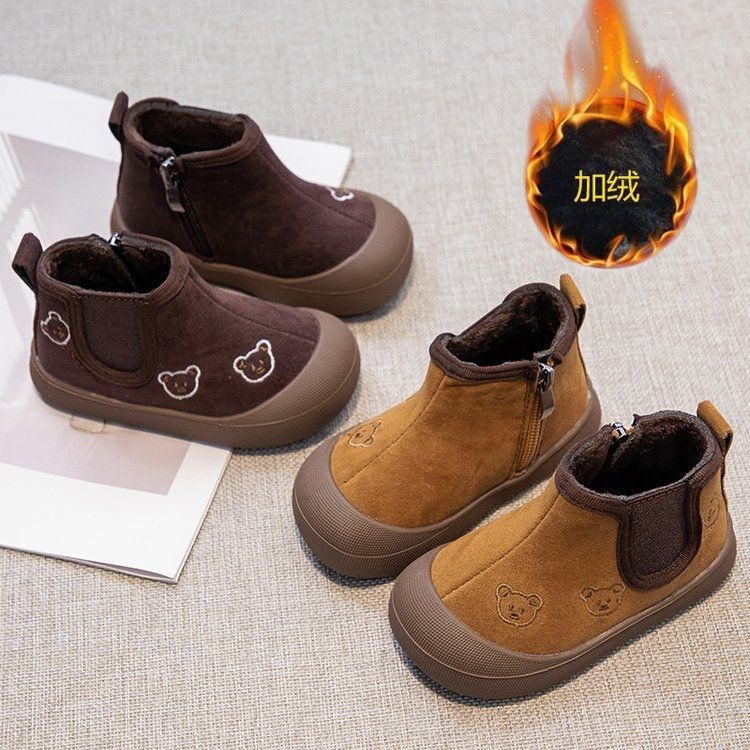 Korean version of girls embroidered bear short boots 2025 winter new two-cotton velvet warm boys non-slip sports cotton boots