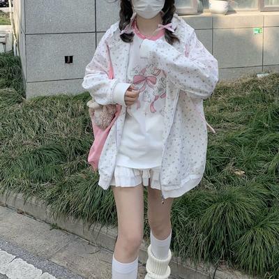 Mikina s kapucí Kawaii Sweet Harajuku Ženy Japonská móda Krajka Patchwork Květinový potisk Kočičí výšivka Mikina s kapucí na zip