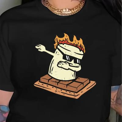 Chic Alphabet Tee for Women - Casual Short Sleeve, Crew Neck Top with Fun Marshmallow Chocolate Design, Machine Washable Tee For