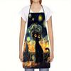 1pc Van Gogh's Starry Night Black Cat with Golden Eyes Oil Painting Art Print Unisex Apron, Chef Apron, Ideal for Kitchen Baking, Outdoor Barbecue, Pa