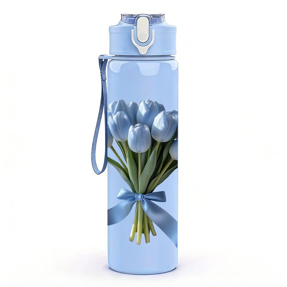 1PC Blue Cornflower Bouquet With Ribbon Print 750ml Color Plastic Sports Water Bottle Leakproof Flip Straw Lid Suitable for Sports Office Home Use