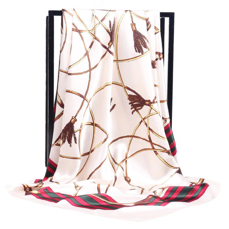 Luxury Women Silk Scarf Square Bandana Design Brand Headband Female Satin Hijab Large Shawl Wrap Lady Kerchief Chain Print New