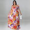 Plus Size Womens Off-Shoulder Ruched Strap Maxi Dress With Bow Print Milk Silk Sleeveless Flowy Skirt Streetwear