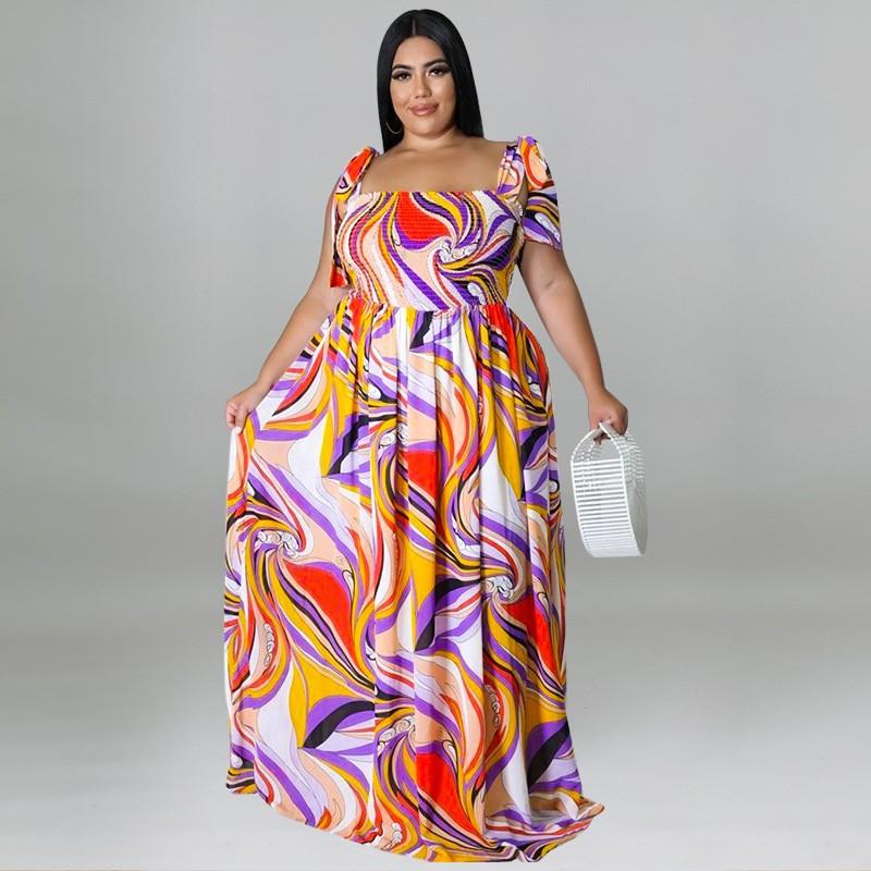 Plus Size Womens Off-Shoulder Ruched Strap Maxi Dress With Bow Print Milk Silk Sleeveless Flowy Skirt Streetwear