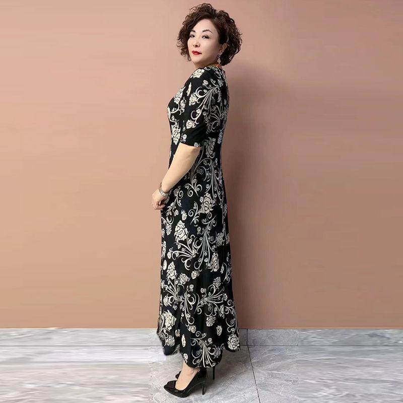 Summer Women's V-Neck Floral Dress Slim Fit Stretch Plus Size Dress Long Casual Dress