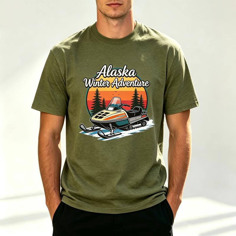 Alaska Winter Adventure T Shirt Snowmobile Graphic Tee Retro Sunset Mountain Pine Tree Print Cotton Short Sleeve for Unisex