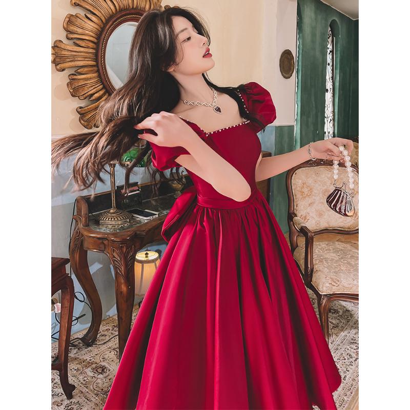 Buy Bridal Toast Dress Spring New Wine Red Engagement Daily French Lady  Escape Princess Satin Dress at affordable prices  free shipping, real  reviews with photos  Joom