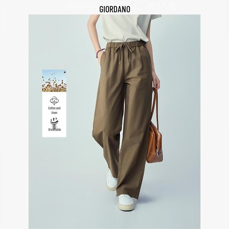 Giordano Women's Cotton Linen Drawstring Straight Leg Pants