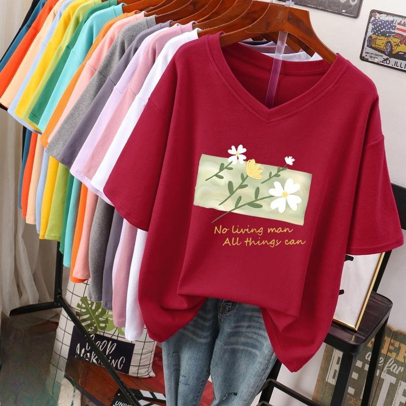 Short-sleeved T-shirt for Women, Large Size, Loose and Slimming, Printed V-neck Top