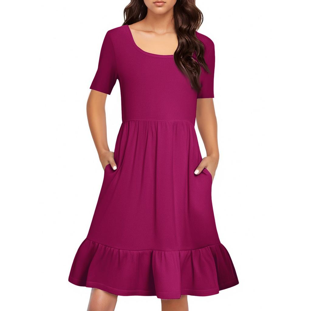 Women's Casual Round Neck Short Sleeved Dress Solid Color Loose Waist Pleated Dress