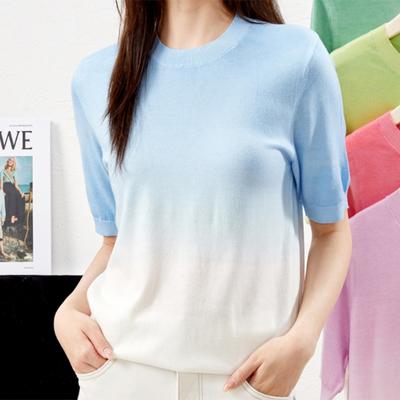 Casual Short Sleeve Knitted Blouse For Women Summer O Neck Elegant Ice Silk Shirts Gradient Color Fashion Office Lady Tops 27591