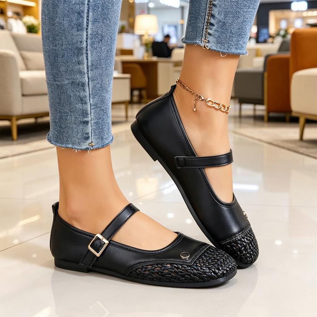 Women's Summer Breathable Mesh Woven Mary Jane Flats Lightweight Slip On Casual Shoes with Buckle Strap for Daily Wear