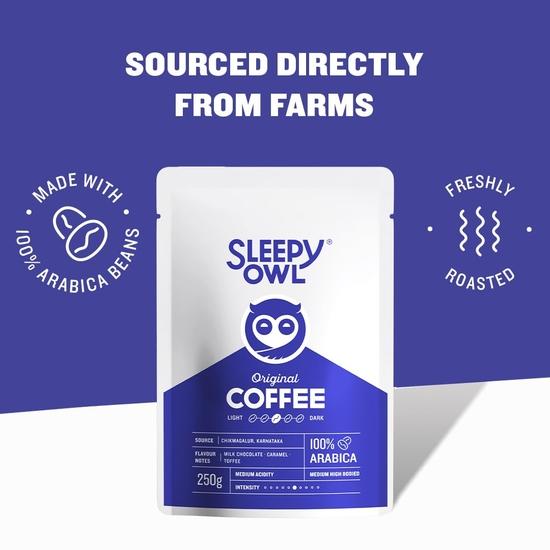Sleepy Owl Ground Coffee for French Press | 100% Arabica Beans | Medium Roast - Original Flavour | Coarse Grind for Fresh Hot & Cold Brew | 250 gm