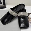 Fashion Square Slippers Summer New Baotou Shallow Mouth Crystal with Cover Foot Soft Sole Anti-slip Wear-resistant Flat Shoes