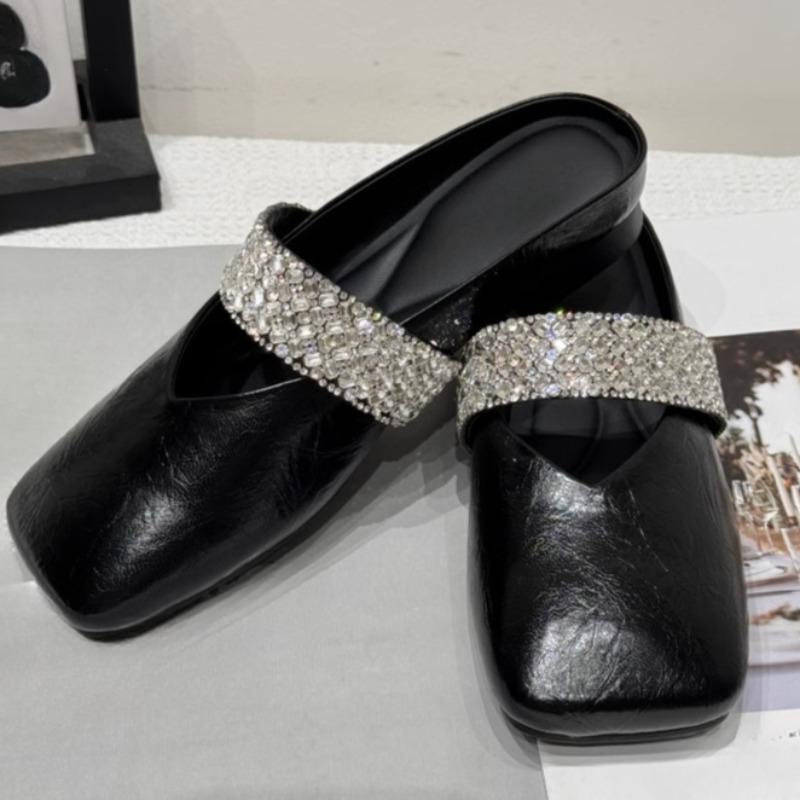 Fashion Square Slippers Summer New Baotou Shallow Mouth Crystal with Cover Foot Soft Sole Anti-slip Wear-resistant Flat Shoes