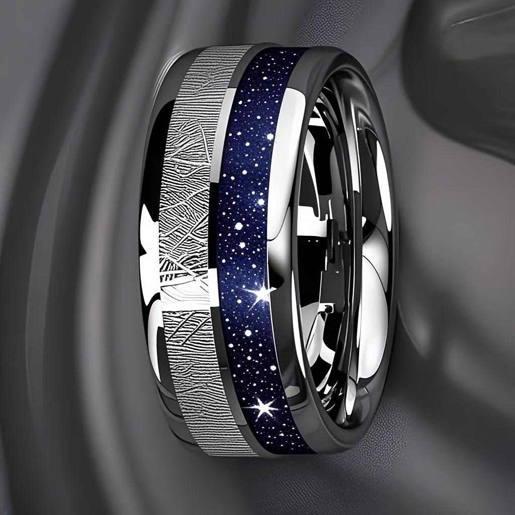 Bagues Fashion Ciel étoilé Bleu Foncé & Incrustation Météorite 8mm Couleur Cuivre Acier Inoxydable pour Hommes Femmes Bijoux de Mariage