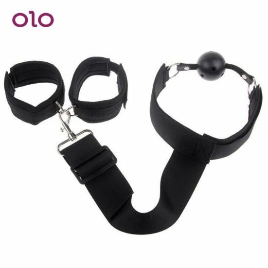 Mouth Ball Gag Faux Leather Strap Chained Nipple Clamps BDSM Neck Collar Back Handcuffs Plug Bead
